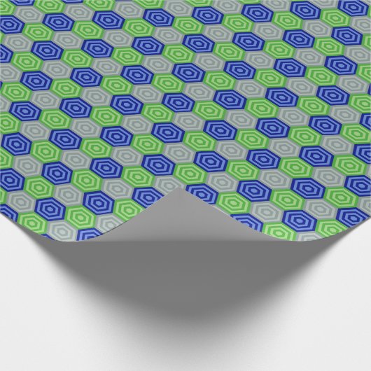 Blaue, graue und grüne Hexagons Geschenkpapier (Ecke)