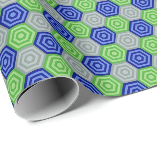 Blaue, graue und grüne Hexagons Geschenkpapier (Rolleneckpunkt)