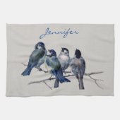 Blaue graue Vögel Eleganter Individuelle Name Geschirrtuch (Horizontal)