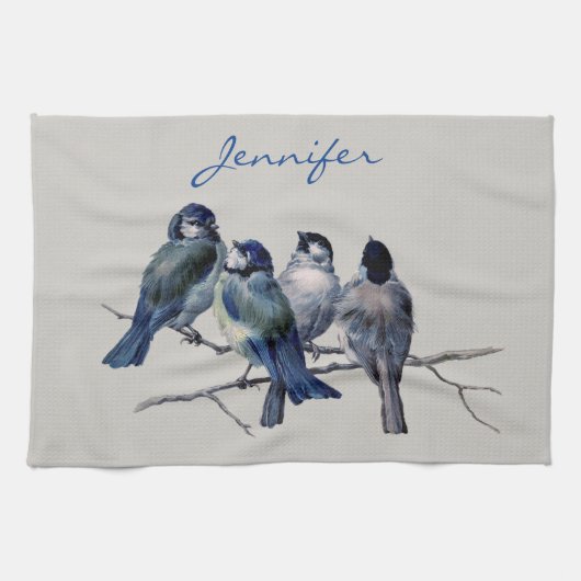 Blaue graue Vögel Eleganter Individuelle Name Geschirrtuch (Horizontal)