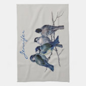 Blaue graue Vögel Eleganter Individuelle Name Geschirrtuch (Vertikal)