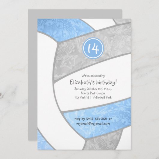 Blaue graue Volleyballmädchen-Sportfeier Einladung (Vorne/Hinten)