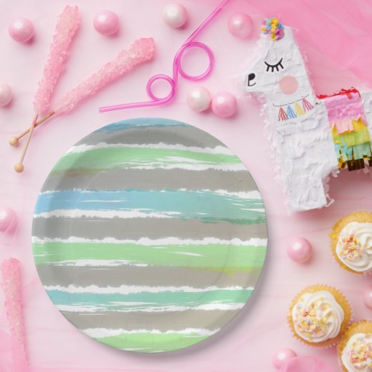 Blaue graue Wasserfarben Streifen Pappteller (Party)