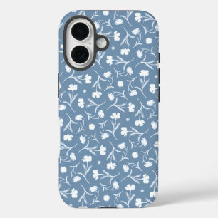 Blaue Graue Weiße Liberty Blumenmuster Elegante Po iPhone 16 Hülle