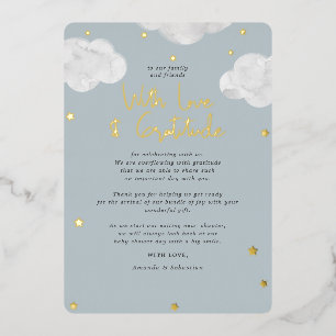 Blaue Graue Wolken Baby Shower Flache Dankeschön-K Folieneinladung