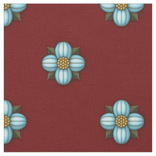 Blaue grausame Blume auf dunkelrot Stoff (Nahaufnahme)
