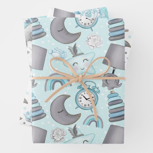 BLAUE & GRAY BABY BOY ITEMS TOYS STARTEN GESCHENKPAPIER SET (Beispiel)