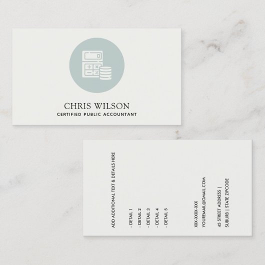 BLAUE GRAY MODERN CALCULATOR COIN ICON BUCHUNG VISITENKARTE (Vorne/Hinten)