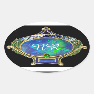 BLAUE GREEN OPAL ,ART NOUVEAU GOLD JEWEL MONOGRAM OVALER AUFKLEBER