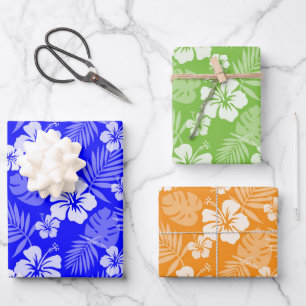 BLAUE GREEN ORANGE TROPICAL HIBISKUS BLUME GESCHENKPAPIER SET