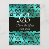 BLAUE GREEN TURQUOISE DAMASK CLOTH, WEISS MONOGRAM ANKÜNDIGUNGSPOSTKARTE (Vorderseite)