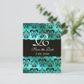 BLAUE GREEN TURQUOISE DAMASK CLOTH, WEISS MONOGRAM ANKÜNDIGUNGSPOSTKARTE (Stehend Vorderseite)