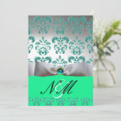BLAUE GREEN WHITE RIBBON BLACK DAMASK MONOGRAM EINLADUNG (Stehend Vorderseite)