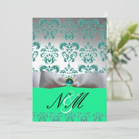 BLAUE GREEN WHITE RIBBON BLACK DAMASK MONOGRAM EINLADUNG (Stehend Vorderseite)