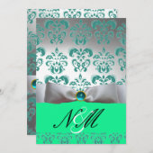 BLAUE GREEN WHITE RIBBON BLACK DAMASK MONOGRAM EINLADUNG (Vorne/Hinten)