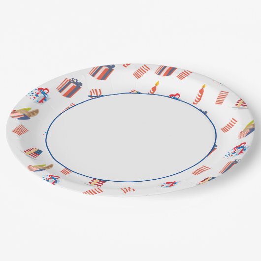 Blaue Grenze mit Patriotischen Illustrationen Pappteller (Schrägansicht)