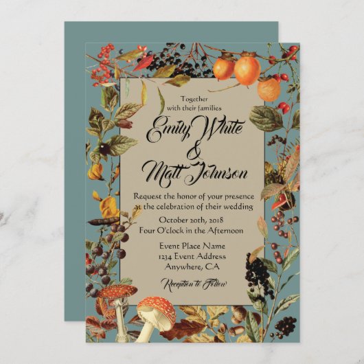 Blaue GrenzHerbstlaub-Hochzeits-Einladung Einladung (Vorne/Hinten)