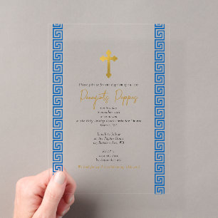 Blaue griechische orthodoxe Taufe Christening Acryleinladungen