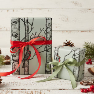 Blaue große Birkenbäume und Vögel des Roten Kardin Geschenkpapier