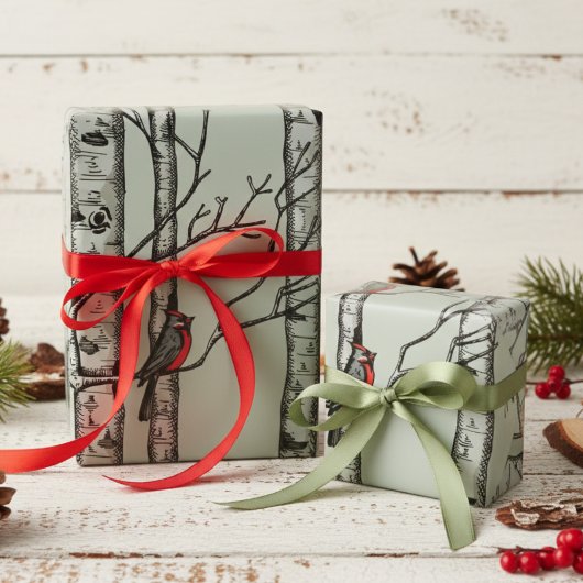 Blaue große Birkenbäume und Vögel des Roten Kardin Geschenkpapier