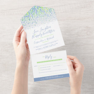 Blaue grüne Aquarell Dusche verspätete Hochzeit al All In One Einladung