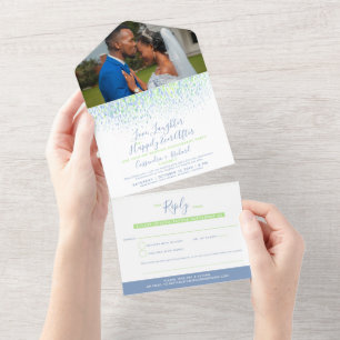 Blaue grüne Aquarell-Hochzeit mit verspäteter Besc All In One Einladung