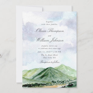 Blaue grüne Aquarell-Hochzeitseinladung für Berge Einladung