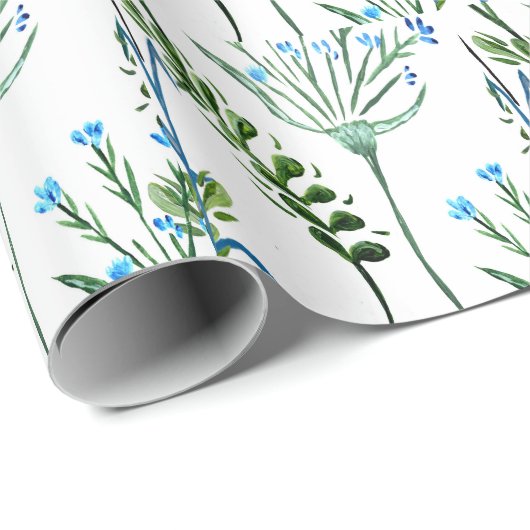 Blaue grüne Aquarell-Wildblume Geschenkpapier (Rolleneckpunkt)