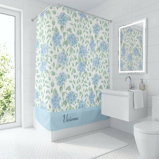 Blaue grüne Aquarell-Wildblumen-Monogramm Duschvorhang