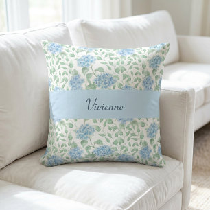 Blaue grüne Aquarell-Wildblumen-Monogramm-Name Kissen