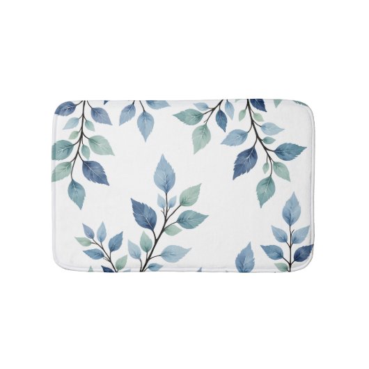 Blaue grüne Aquarellblätter Botanisches Design 376 Badematte (Vorderseite)
