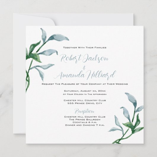 Blaue grüne Blätter Hochzeitsfeiern Einladung (Vorderseite)