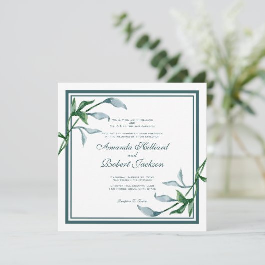 Blaue grüne Blätter, Namen von Eltern Hochzeiten Einladung (Stehend Vorderseite)