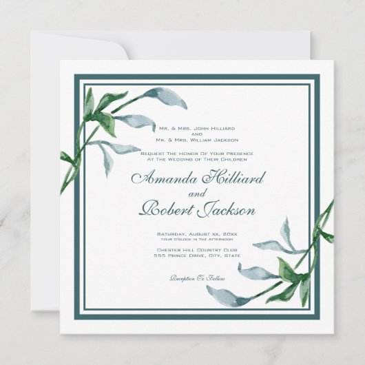 Blaue grüne Blätter, Namen von Eltern Hochzeiten Einladung (Vorderseite)