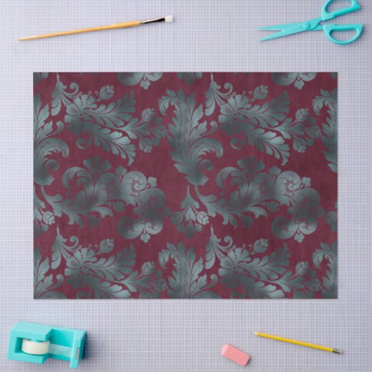 Blaue grüne Blume auf Weinroter Decoupage Seidenpapier (Basteln)