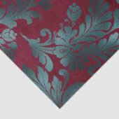 Blaue grüne Blume auf Weinroter Decoupage Seidenpapier (Detail)