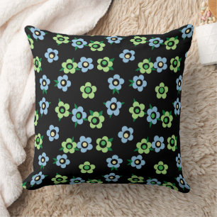 Blaue grüne Blumen auf schwarzem Hintergrund Retro Kissen