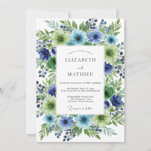 Blaue Grüne Blumige Botanische Hochzeit Einladung