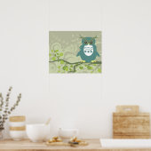 Blaue grüne Eule auf Baumkronen Poster (Küche)