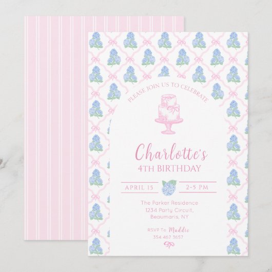 Blaue Grüne Hortensien Rosa Bogen Trellis Einladung (Vorne/Hinten)