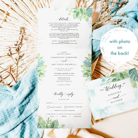 Blaue Grüne Landschaft mit UAWG, Foto Hochzeit Dreifach Gefaltete Einladung