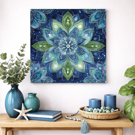Blaue grüne Mandala-Blumen-Wasserfarben-Kunst Poster