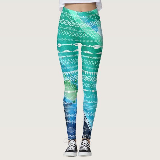 Blaue grüne Pfeile Aztec Geometric Aquarell Leggings (Vorderseite)