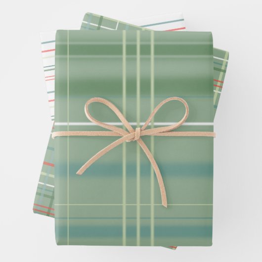 Blaue, grüne, rote und weiße Streifen und Kariert Geschenkpapier Set (Beispiel)