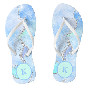Blaue Grüne Silber Glitter Marmor Wirbel Monogramm Badesandalen
