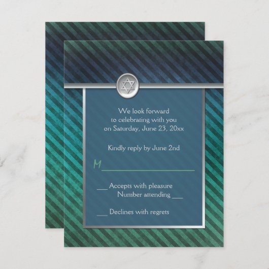 Blaue, grüne, silbergestrichene Bar Mitzvah RSVP-K Einladung (Vorne/Hinten)