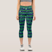 Blaue grüne Streifen mit Sternen und Regentropfen Capri Leggings (Vorderseite)