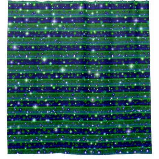 Blaue grüne Streifen mit Sternen und Regentropfen Duschvorhang (Vorderseite)