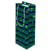 Blaue grüne Streifen mit Sternen und Regentropfen Geschenktüte Für Weinflaschen (Vorderseite Schrägansicht)