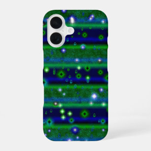 Blaue grüne Streifen mit Sternen und Regentropfen iPhone 16 Hülle